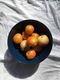 High angle view of fruits in plate on table