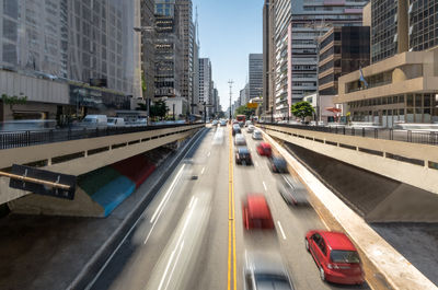 High angle view of traffic on road in city