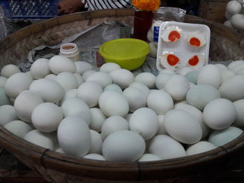 High angle view of eggs in basket