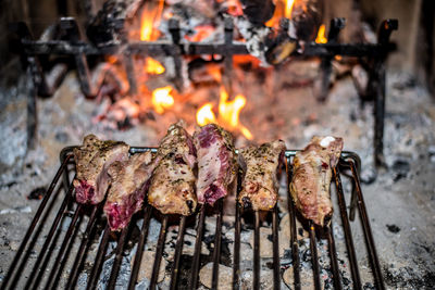 Close-up of meat on barbecue grill