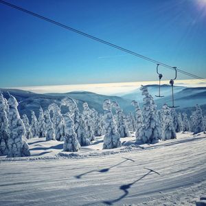 Snow covered mountains against clear blue sky