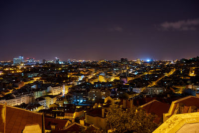 High angle view of illuminated city against sky at night