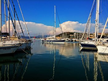 Sailboats moored at harbor against blue sky
