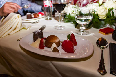 Close-up of dessert served on table at restaurant