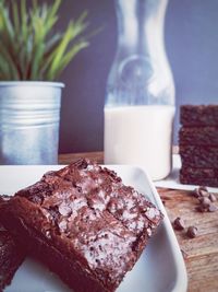 Close-up of brownies in plate on table