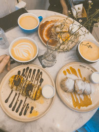 High angle view of breakfast on table