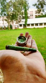 Cropped hand of person holding rolled leaf on field