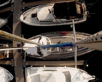 High angle view of ship moored in water