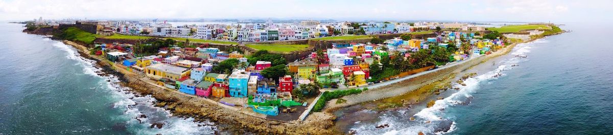 High angle view of beach against sky in city