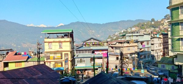 Buildings in city against clear sky