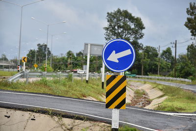 Road sign against blue sky