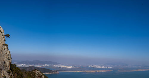 Scenic view of sea against clear blue sky