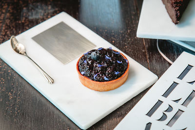 High angle view of dessert in plate on table
