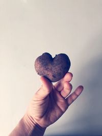 Cropped hand holding heart shape potato