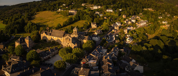 High angle view of trees and houses in park