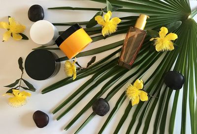 High angle view of yellow flowers on table