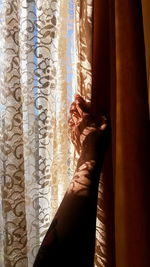 Cropped hand of person holding curtain at window