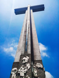 Low angle view of cross on building against sky