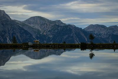 Scenic view of lake and mountains against sky