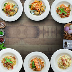 High angle view of food served on table