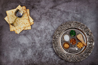 High angle view of food served on table