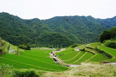 High angle view of agricultural field against sky