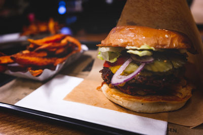 Close-up of burger on table