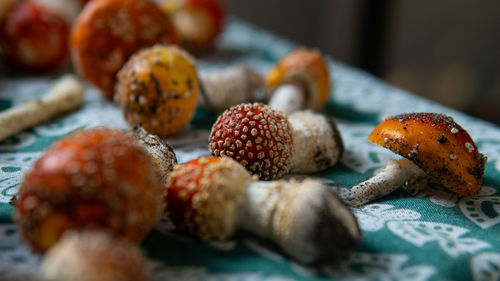 Close-up of fruits in plate on table