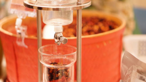 Close-up of drink in glass jar