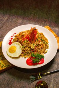 High angle view of food in plate on table