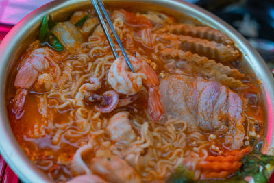 High angle view of soup in bowl