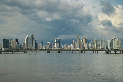 Scenic view of sea and buildings against sky