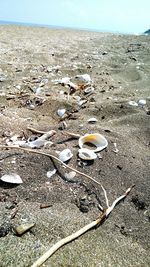 Close-up of sand on beach against sky