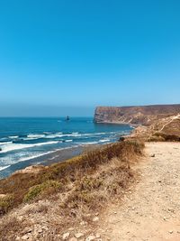 Scenic view of sea against clear blue sky