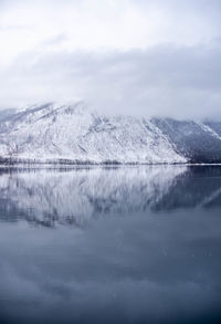 Snowcapped reflections in lake mcdonald, glacier national park. 