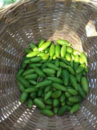 High angle view of vegetables in basket on table