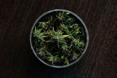 High angle view of plants in bowl on table