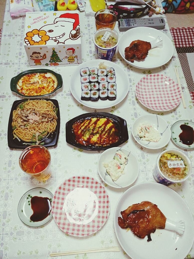 food and drink, indoors, food, freshness, table, ready-to-eat, plate, still life, high angle view, drink, serving size, sweet food, refreshment, indulgence, drinking glass, variation, healthy eating, directly above, bowl, served