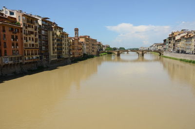 Bridge over river by buildings against sky in city