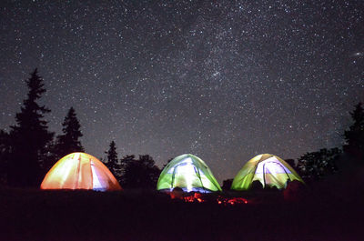 View of illuminated tent against sky at night