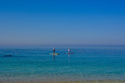 People paddleboarding in sea against blue sky