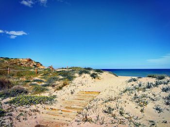 Scenic view of sea against blue sky