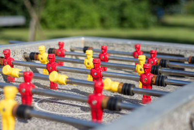 Close-up of foosball table outdoors