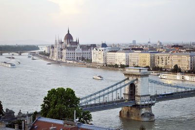 Chain bridge over river danube against sky