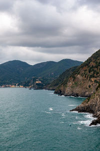 Scenic view of sea and mountains against sky