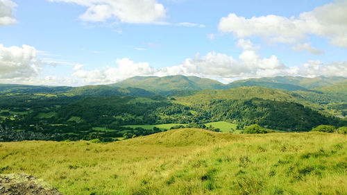 Scenic view of green mountains against sky at english lake district