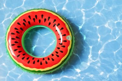 Close-up of inflatable ring floating on swimming pool