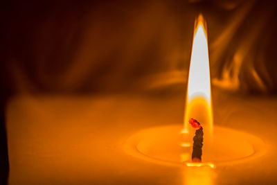 Close-up of lit candle in the dark