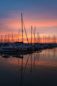 Sailboats in marina at sunset