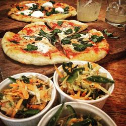 Close-up of pizza served on table